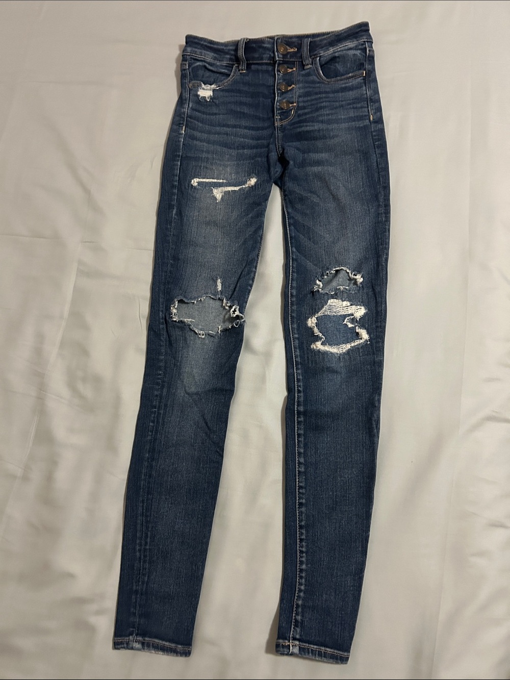 American Eagle Women’s Dark Blue Distressed Button-Up Skinny Jeans